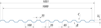 Профлист С-21 1000/1051 х 2000 мм ОЦ толщ лист. 0,55мм высота волны 21 мм